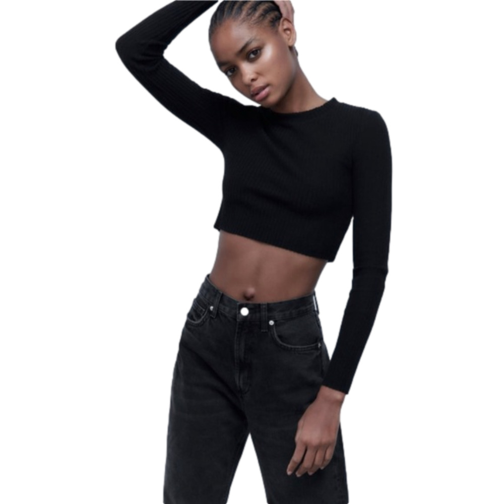 ZARA Womens Black Ribbed Knit Crop Top‎ Long Sleeve Lettuce Hem Stretch S